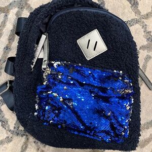Blue sherpa and sequin mini backpack
